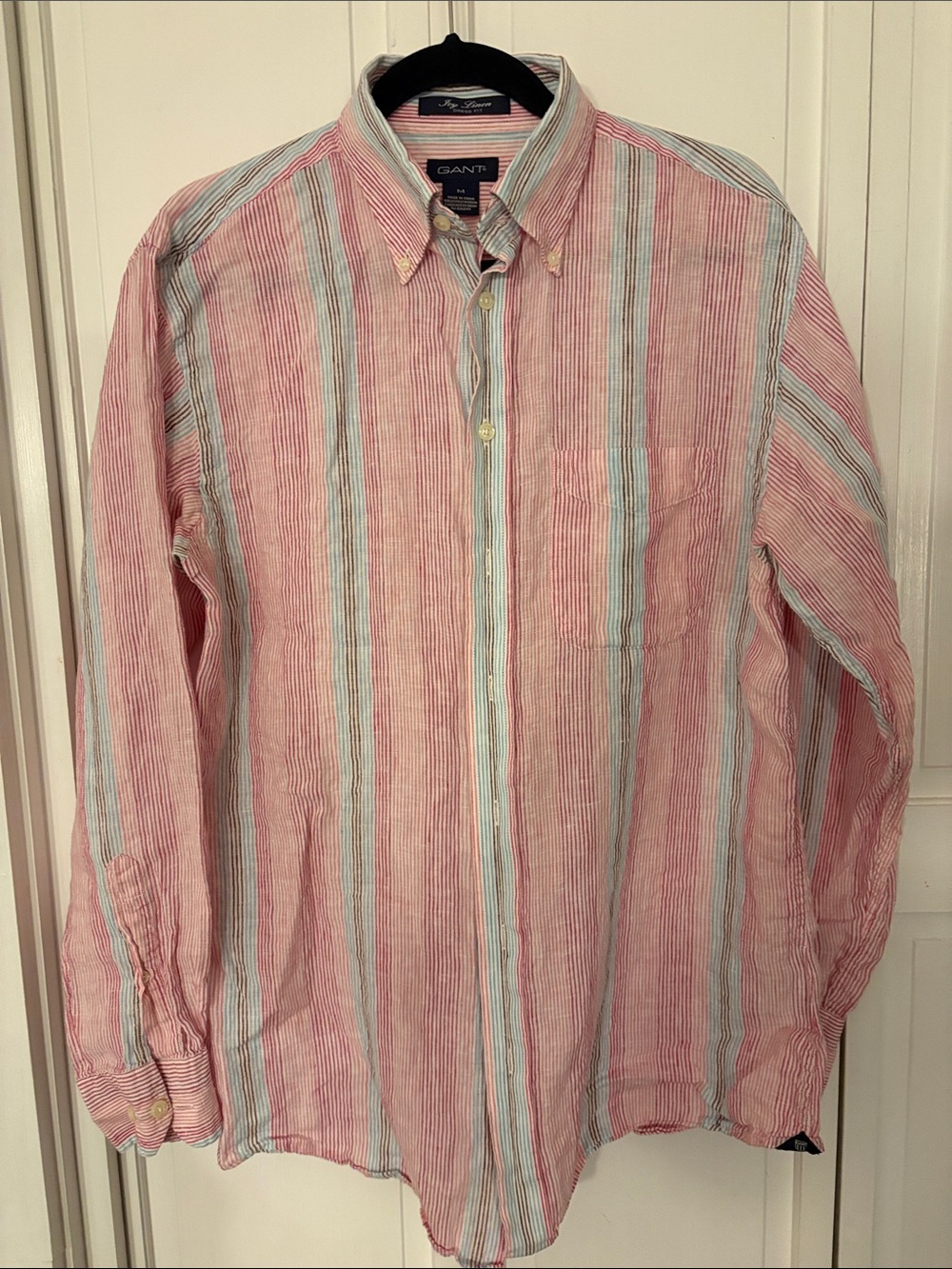 Gant Men’s Pink and Light Blue Striped Linen Button-Down Shirt